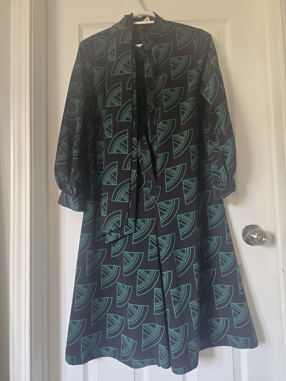 Black Romper with Teal Geometric Fan Print